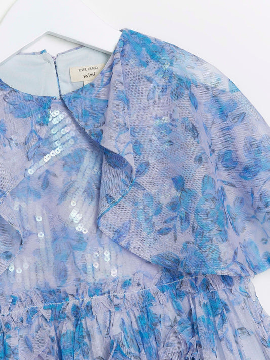 Dsiney Kidz - River Island Blue 100% Cotton Girls Floral Tierred Dress image 2
