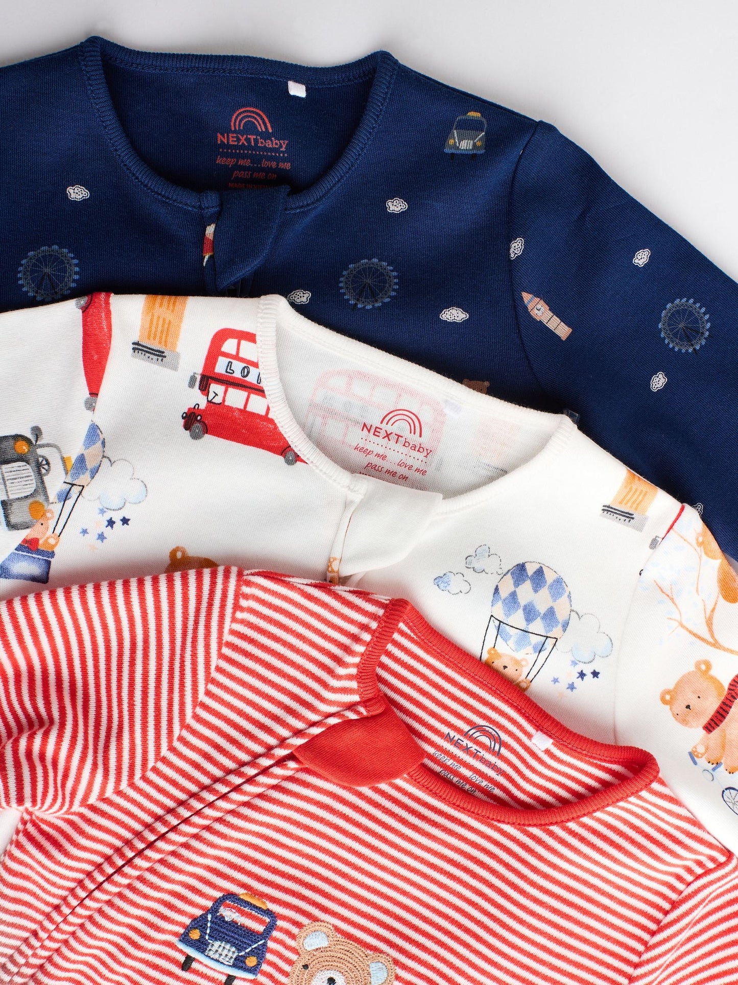 Red/Blue Baby Two Way Zip Sleepsuits 3 Pack (0-2yrs)