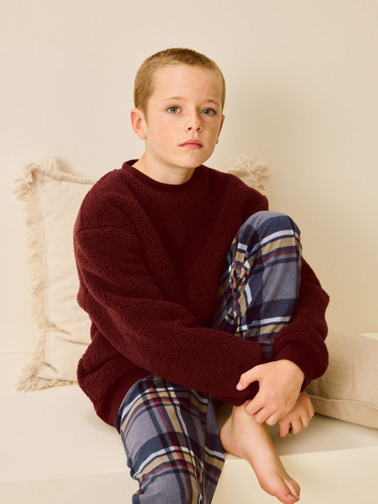 Plum Purple Check Borg Single Pyjamas (3-16yrs)