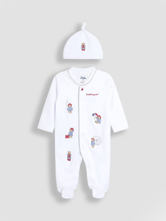 JoJo Maman Bébé White Paddington Embroidered Sleepsuit & Hat Set image 2