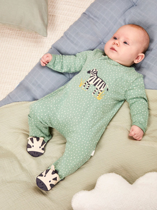 JoJo Maman Bébé Green Zebra Appliqué Zip Sleepsuit image 2