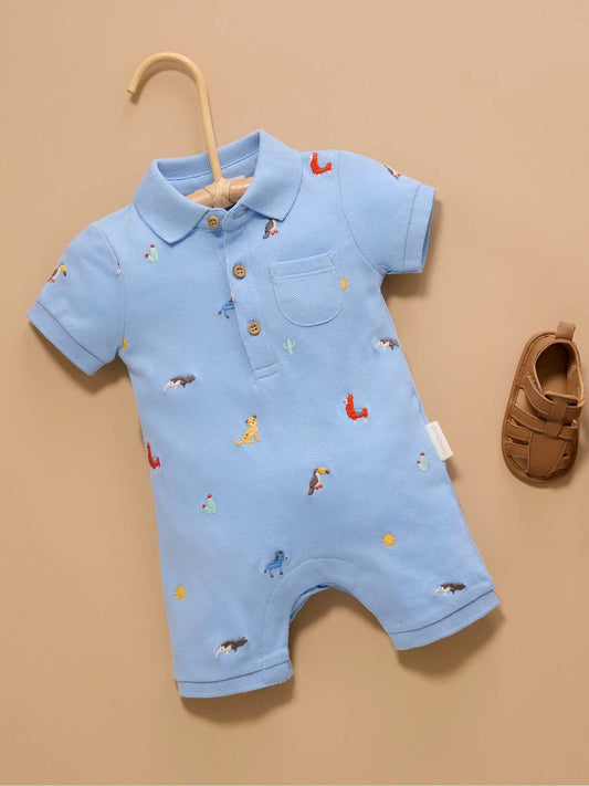Purebaby Blue Embroidered Polo Romper image 2