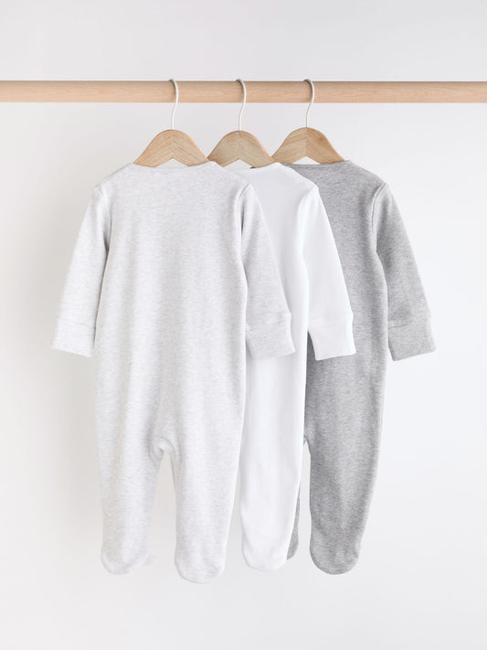 Grey Essential Zipped 100% Cotton Baby Sleepsuits 3 Pack (0-3yrs) image 2