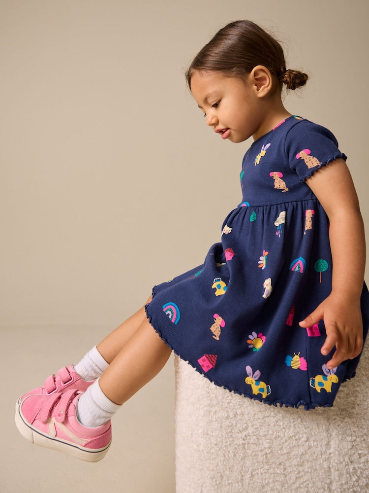Navy Pets Short Sleeve Ribbed Dress (3mths-7yrs)