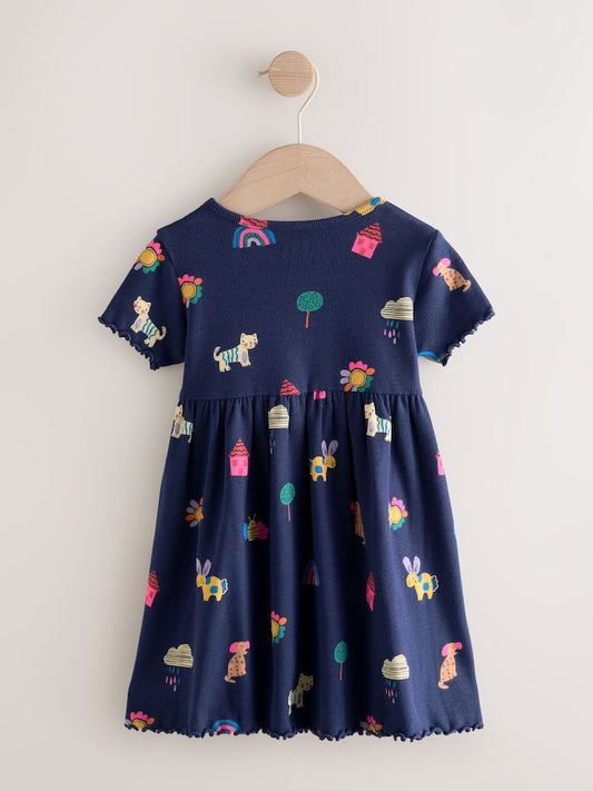 Navy Pets Short Sleeve Ribbed Dress (3mths-7yrs)