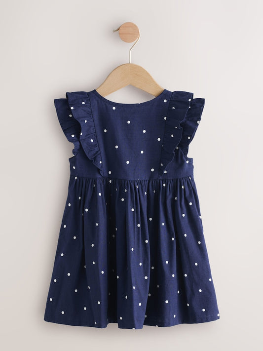 Navy Spot Double Ruffle Sleeve Dress (3mths-8yrs)