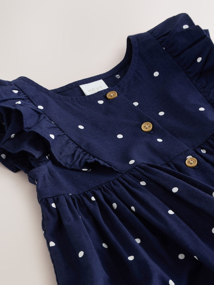Navy Spot Double Ruffle Sleeve Dress (3mths-8yrs)