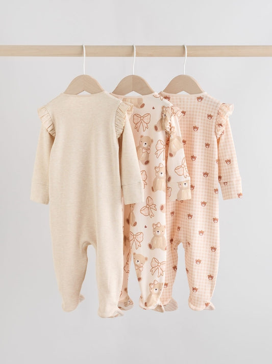 Neutral Bear Two Way Zip Baby Sleepsuits 3 Pack (0-2yrs)