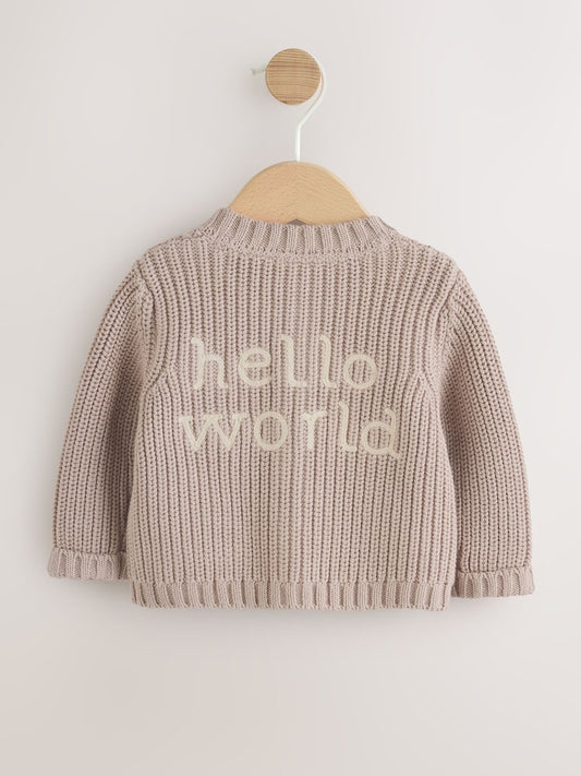 Neutral Hello World Knitted Embroidered Baby Cardigan