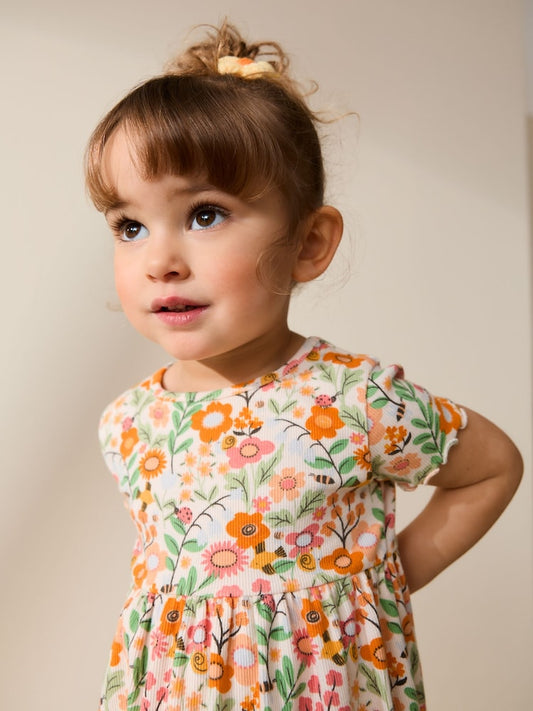 Orange Floral Short Sleeve Ribbed Dress (3mths-7yrs)