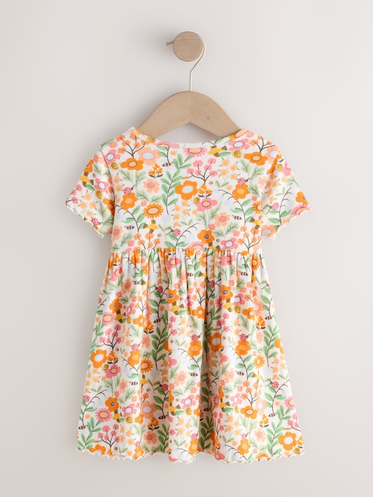 Orange Floral Short Sleeve Ribbed Dress (3mths-7yrs)