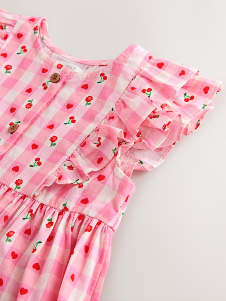 Pink Gingham Cherry Double Ruffle Sleeve Dress (3mths-8yrs)