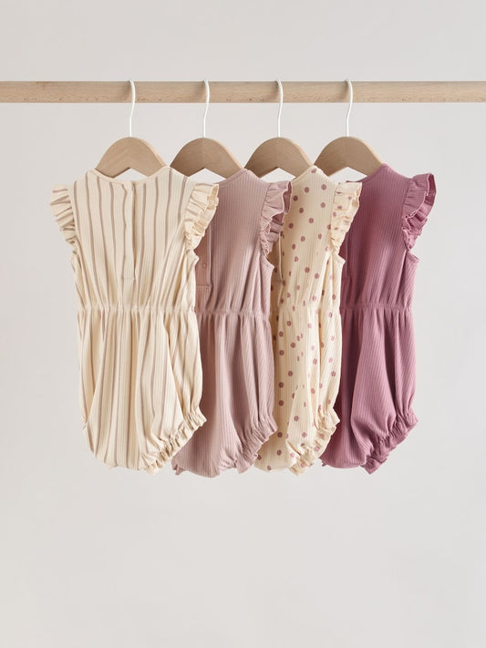 Pink Tonal Spot and Stripe Frill Shoulder Baby Rompers 4 Pack