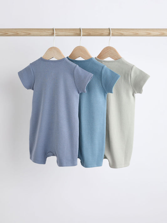 Blue Baby Two Way Zip 100% Cotton Rompers 3 Pack (0-3yrs) image 2