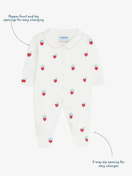 JoJo Maman Bébé Red Strawberry Embroidered Cotton Baby Sleepsuit image 2