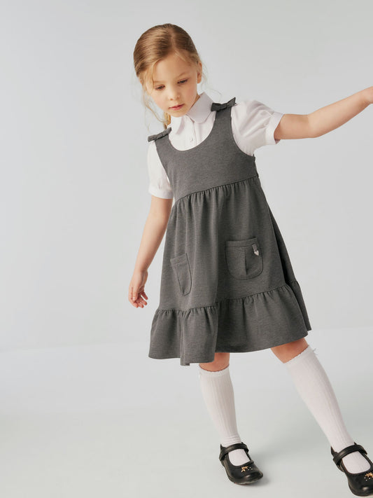 Dsiney Kidz - Clarks Grey Girls Frill Ponte School Pinafore Dress image 2