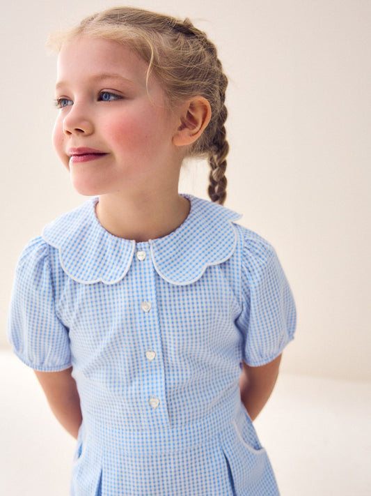 Dsiney Kidz - Blue Cotton Rich Scalloped Collar Gingham School Dress (3-14yrs) image 2