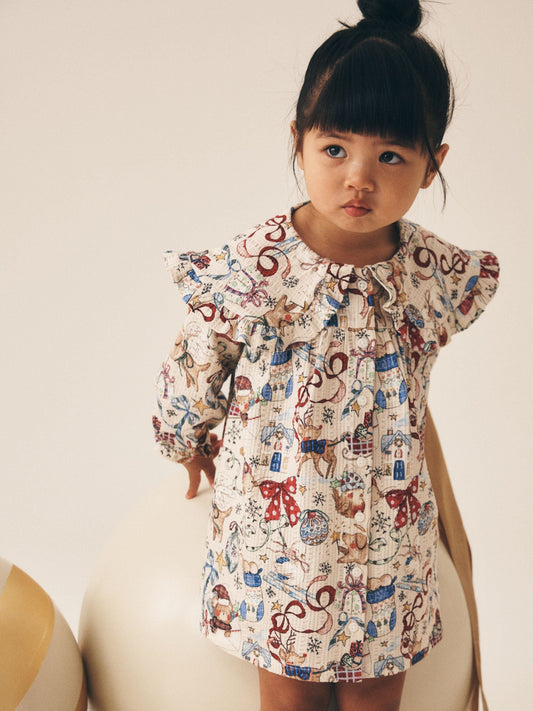 Dsiney Kidz - Cream Christmas Santa Bear Long Sleeve Collar Dress (3mths-7yrs) image 2