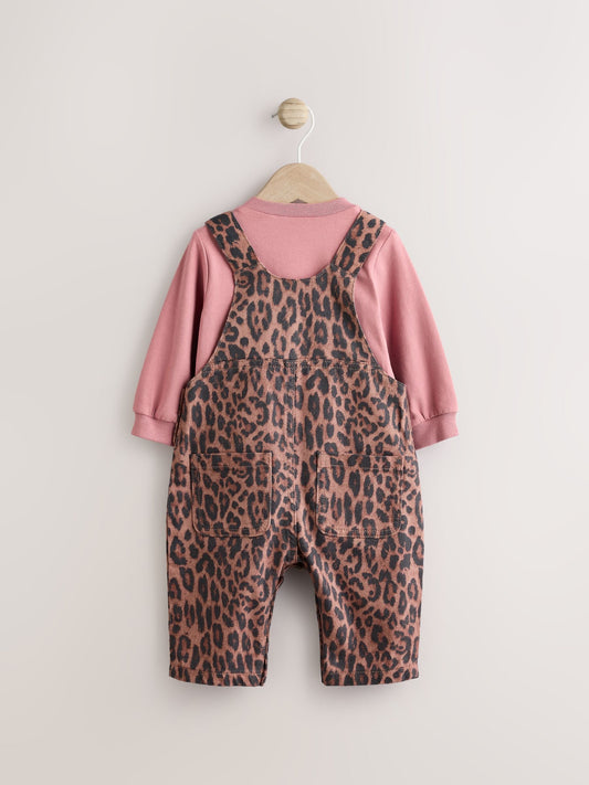 Tan Brown Leopard Print Long Sleeve Baby Bodysuit & Dungarees Set (0mths-2yrs)