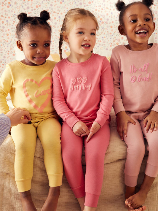 Pink/Yellow Slogan Printed Snuggle Pyjamas 3 Pack (9mths-12yrs)