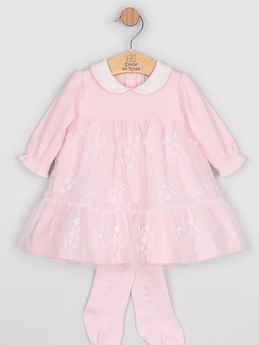 Dsiney Kidz - Emile Et Rose Pink Molly - Jersey Dress With Embroidered Tulle Overlay & Tights image 2