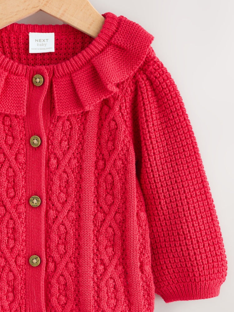 Red Frill Collar Knitted Baby Cardigan (0mths-2yrs)