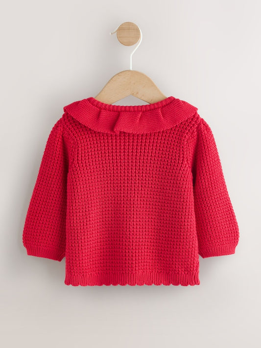 Red Frill Collar Knitted Baby Cardigan (0mths-2yrs)