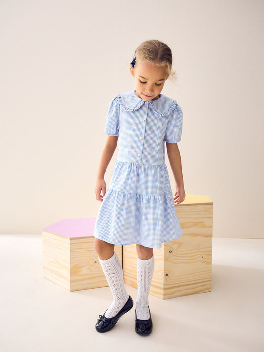 Dsiney Kidz - Blue Cotton Rich School Gingham Tiered Pretty Collar Dress (3-14yrs) image 2