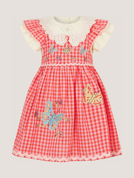 Dsiney Kidz - Monsoon Pink Baby Butterfly Gingham Top & Pinafore Dress Set image 2
