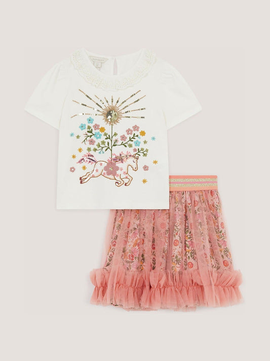 Dsiney Kidz - Monsoon Pink Embellished T-Shirt & Tulle Skirt Set image 2