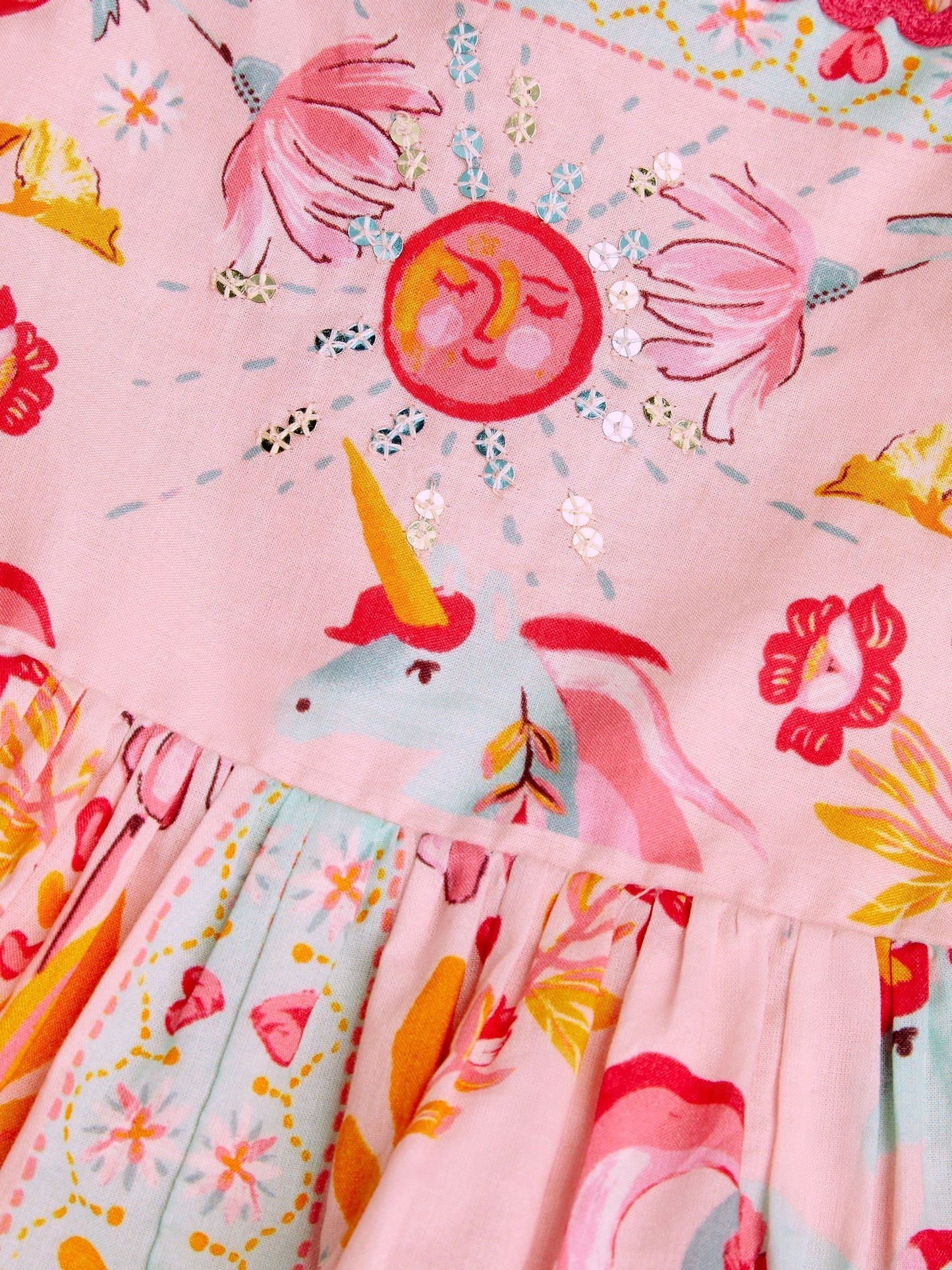 Dsiney Kidz - Monsoon Pink Baby Unicorn Print Broderie Dress image 4