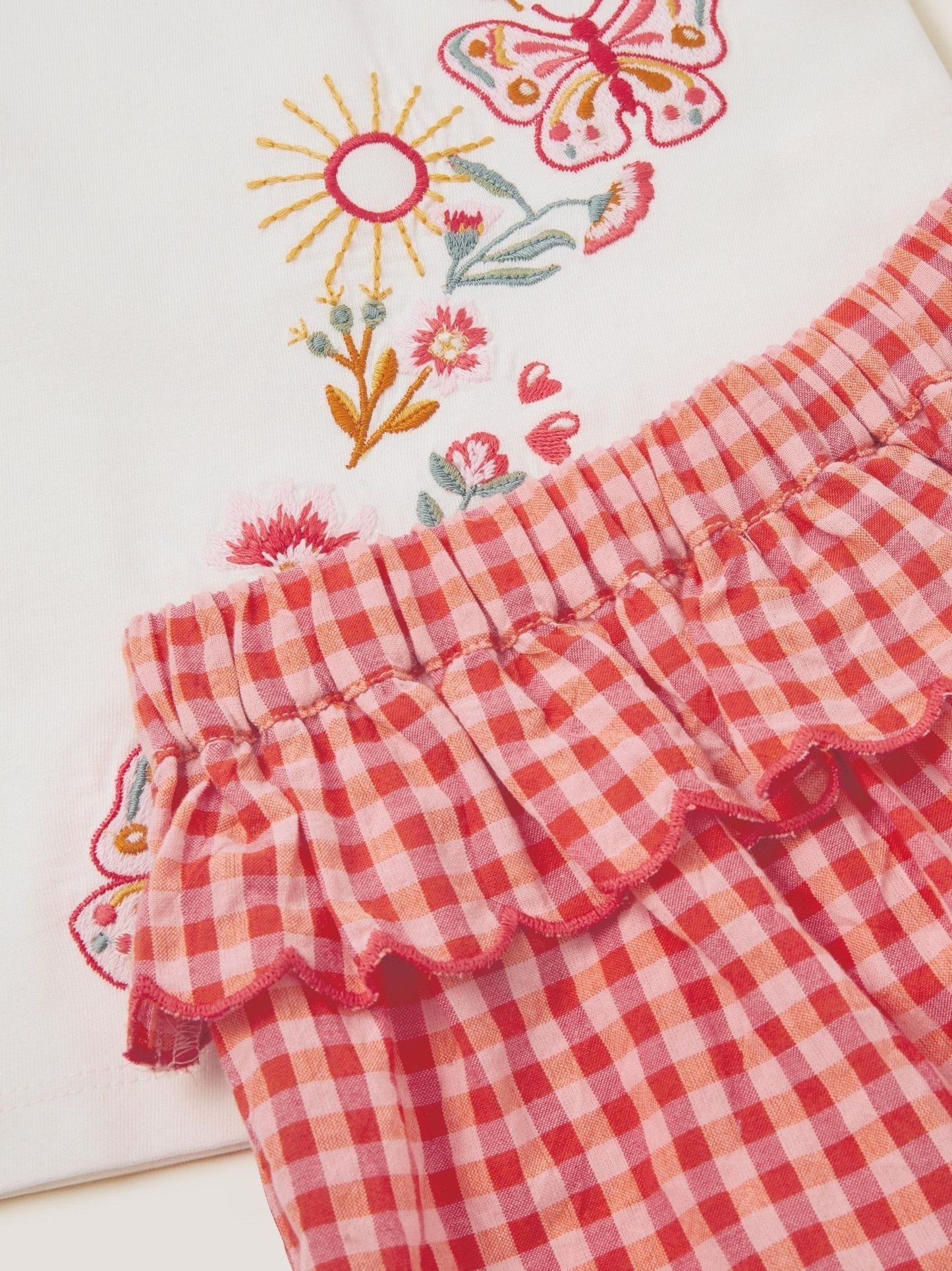 Monsoon Pink Baby Embroidered Gingham Top & Trousers Set image 2