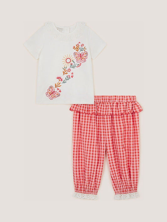 Dsiney Kidz - Monsoon Pink Baby Embroidered Gingham Top & Trousers Set image 2