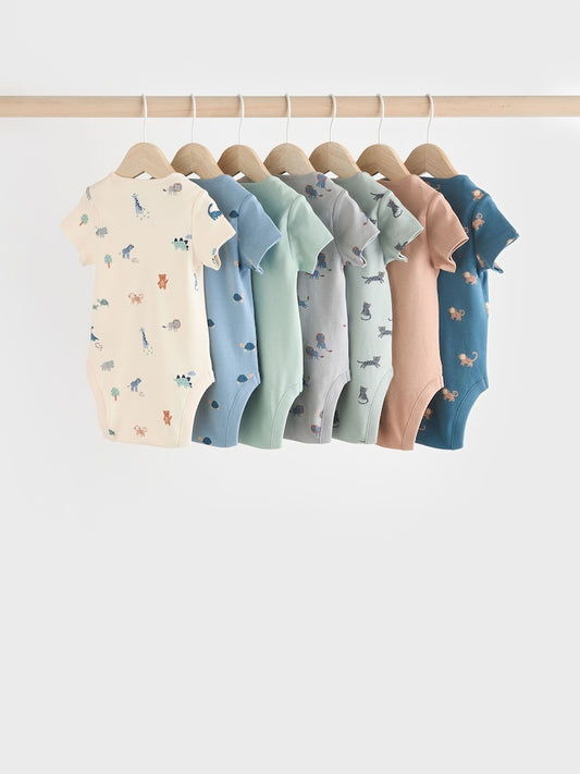 Teal Blue Baby 100% Cotton Bodysuits 7 Pack