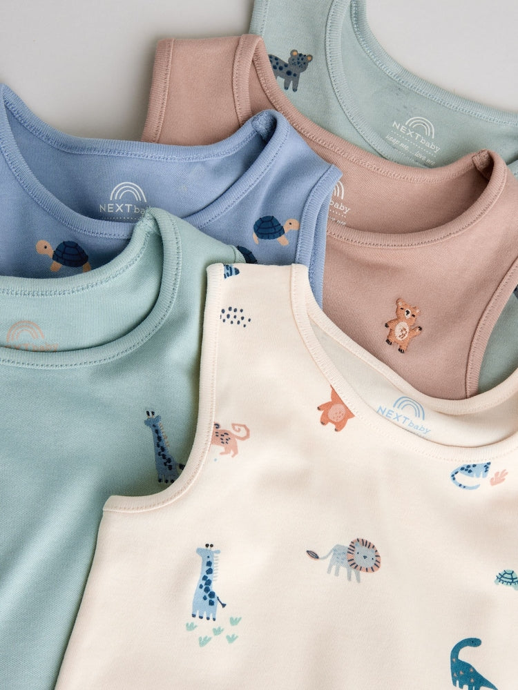 Teal Blue Miniprint Baby Vests 5 Pack