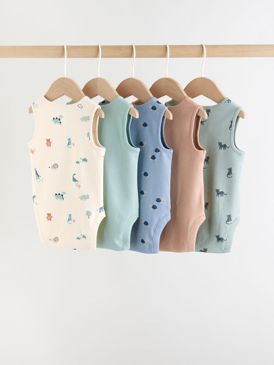 Teal Blue Miniprint Baby Vests 5 Pack