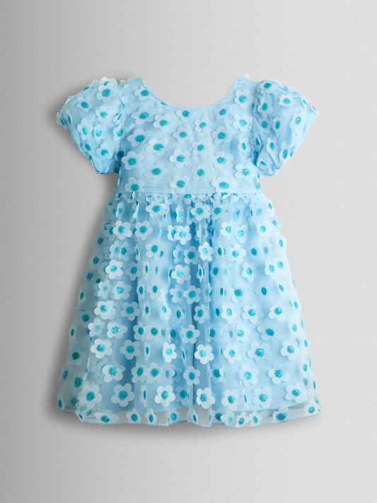 Dsiney Kidz - JoJo Maman Bébé Light Blue Sequin Appliqué Flower Puff Sleeve Dress image 2