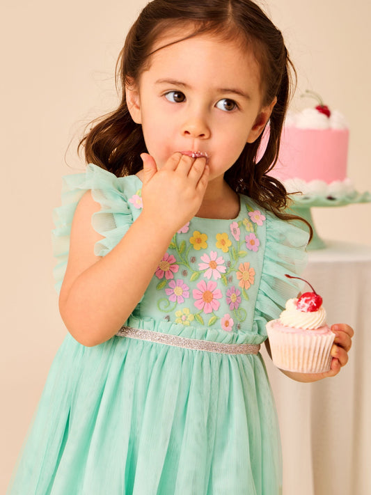 Dsiney Kidz - JoJo Maman Bébé Light Green Floral Ruffle Tulle Appliqué Party Dress image 2