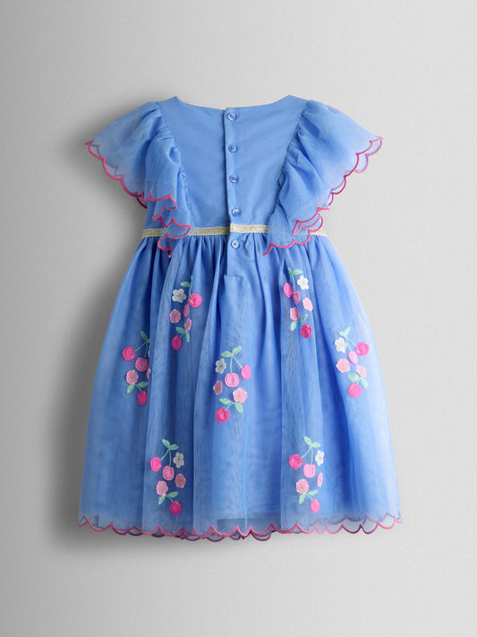 JoJo Maman Bébé Cornflower Blue Floral And Cherry Appliqué Tulle Party Dress image 2