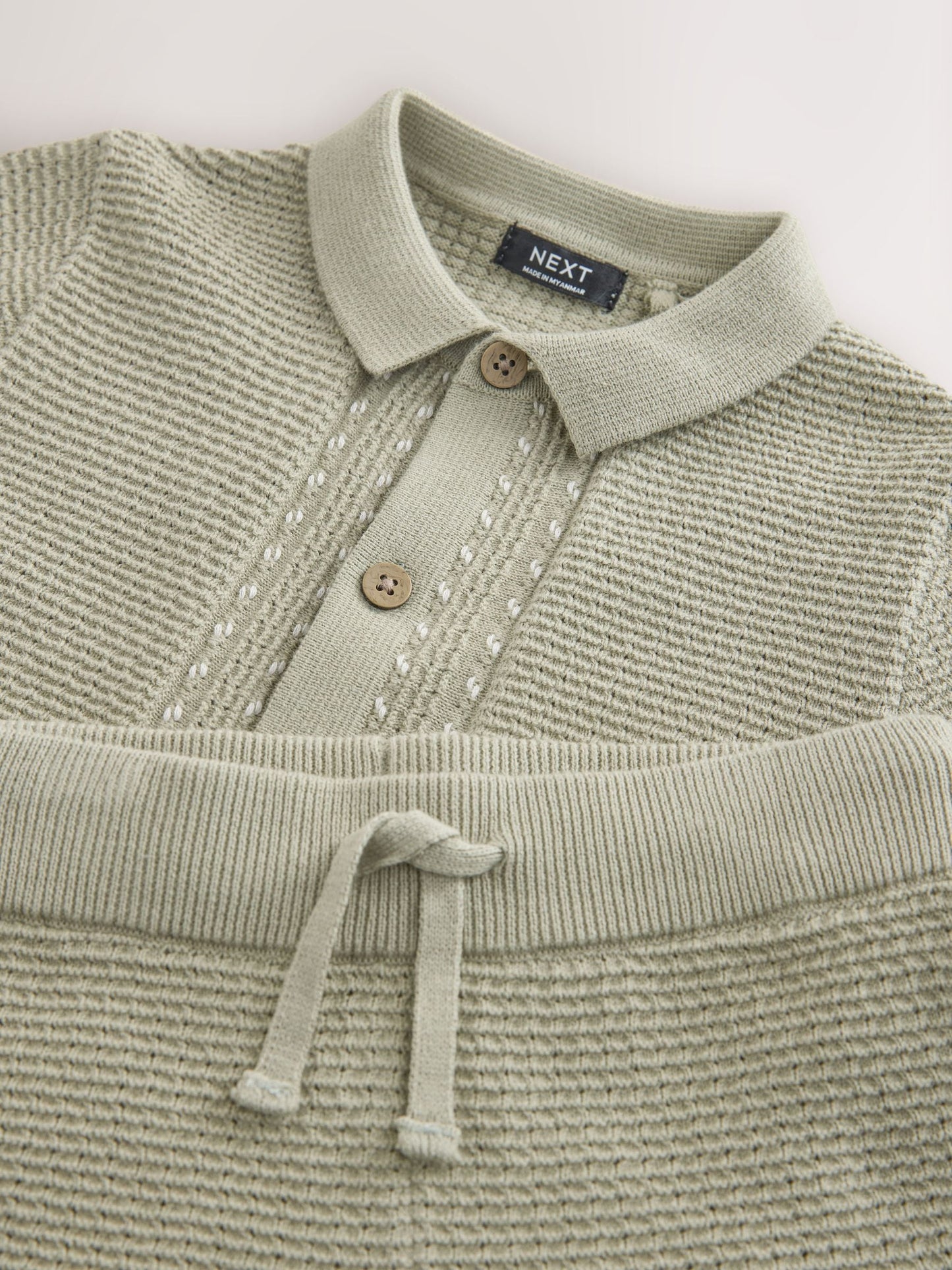 Sage Green Textured Knitted Button Through Polo Shirt and Shorts Set (3mths-10yrs) image 8