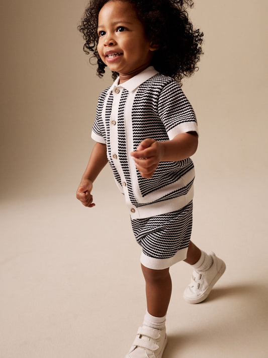 Black/White Knitted Polo Shirt and Shorts Set (3mths-10yrs) image 2