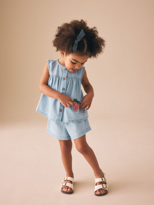 Dsiney Kidz - Strawberry Embroidered Denim Blouse And Short Co-ord Set (3mths-8yrs) image 2