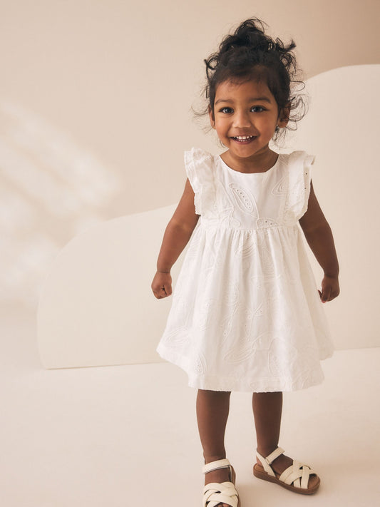 White Embroidered Linen Frill Sleeve Dress (3mths-8yrs) image 2