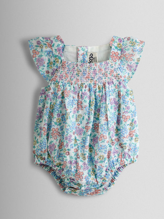 JoJo Maman Bébé Cream Floral Smocked Bubble Romper and Headband Set image 2
