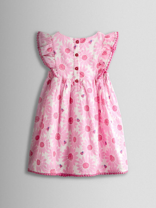 Dsiney Kidz - JoJo Maman Bébé Pink Daisy & Ladybird Frill Shoulder Printed Dress image 2