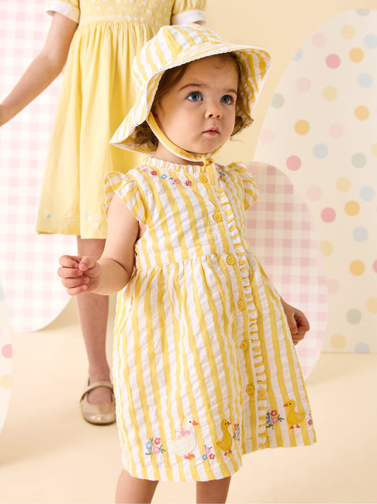 Dsiney Kidz - JoJo Maman Bébé Yellow Duck Appliqué Button Front Dress & Hat Set image 2