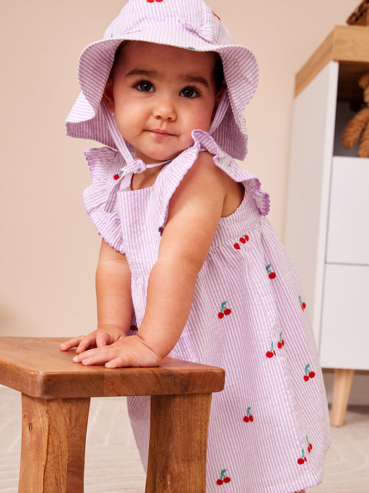 Dsiney Kidz - JoJo Maman Bébé Lilac Purple Cherry Embroidered Stripe Dress & Hat Set image 2