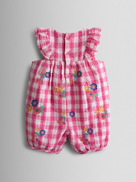 JoJo Maman Bébé Fuchsia Pink Gingham Frill Shoulder Embroidered Romper image 2