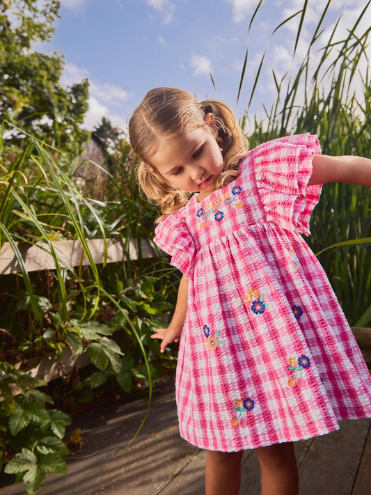 Dsiney Kidz - JoJo Maman Bébé Bright Pink Bright Floral Embroidered Gingham Dress image 2