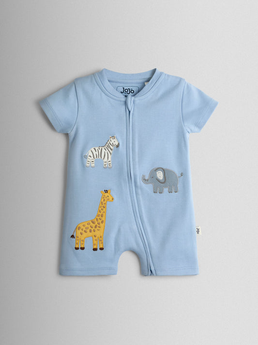 JoJo Maman Bébé Blue Safari Appliqué Organic Cotton Short Sleeved Zip Sleepsuit image 2
